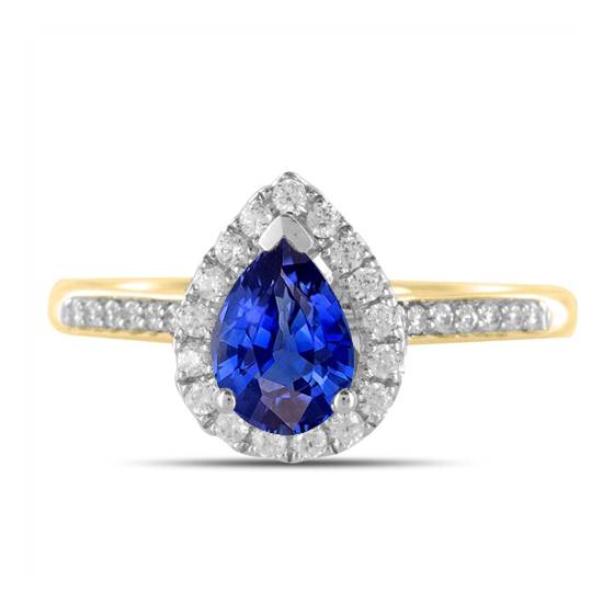 1.20ct VS/E-F Pear Blue Sapphire and Natural Diamond Gemstone Ring in 18k Yellow Gold