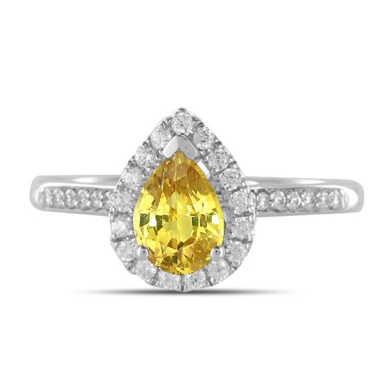 Ring mit gelbem Birnendiamanten und Halo-Schulterfassung