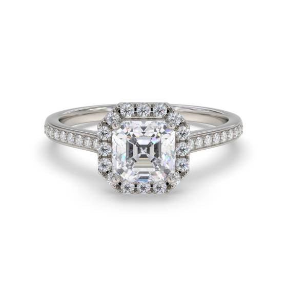 Asscher-Diamant-Ring mit einzelnem Halo und Schulterfassung