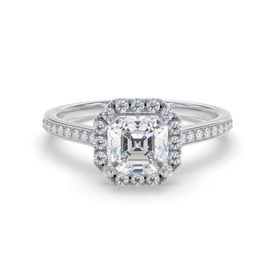 Asscher-Diamant-Ring mit einzelnem Halo und Schulterfassung