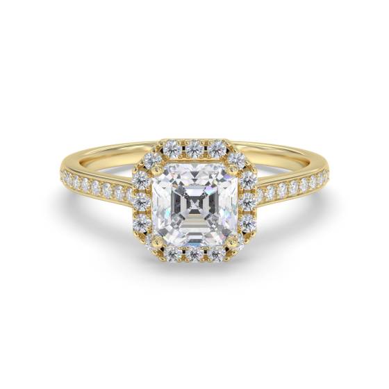 Asscher-Diamant-Ring mit einzelnem Halo und Schulterfassung