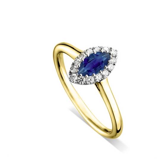 Marquise-Ring aus blauem Saphir und Diamant-Halo