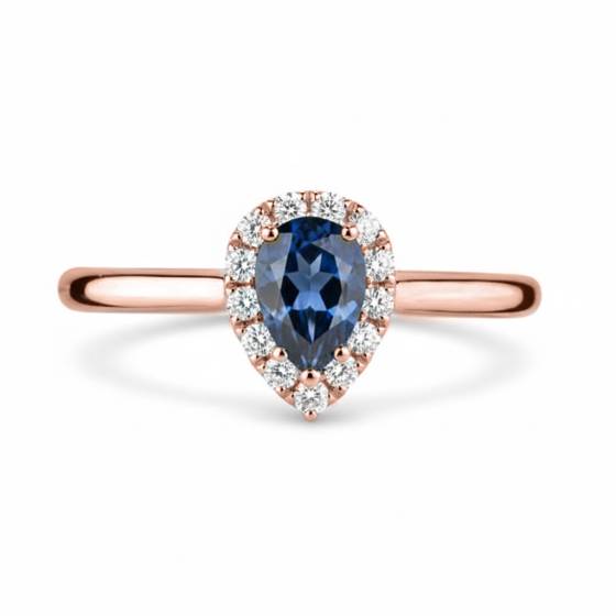 Birnenförmiger blauer Saphir und Diamant-Halo-Ring