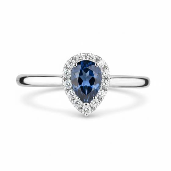 Birnenförmiger blauer Saphir und Diamant-Halo-Ring