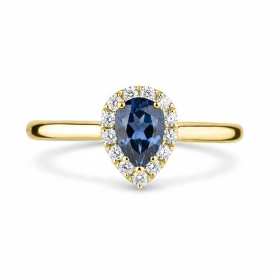 Birnenförmiger blauer Saphir und Diamant-Halo-Ring
