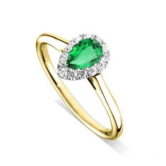 0,75 ct Birnenförmiger grüner Smaragd und Diamant-Halo-Ring