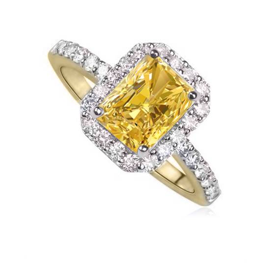 Ring mit gelbem, strahlendem Diamant-Halo und Schulterfassung