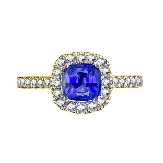 Ring mit blauem Saphir und Diamanten, einzelner Halo-Schulterfassung