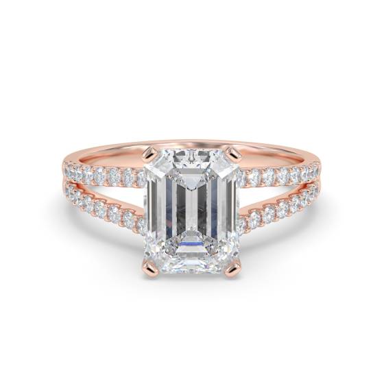 Verlobungsring mit Smaragd und Diamanten, geteilte Schulter