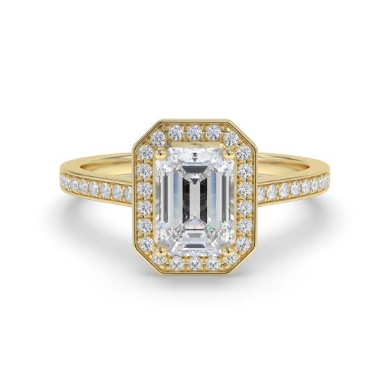 Smaragd-Diamant-Ring mit einzelner Halo-Schulterfassung