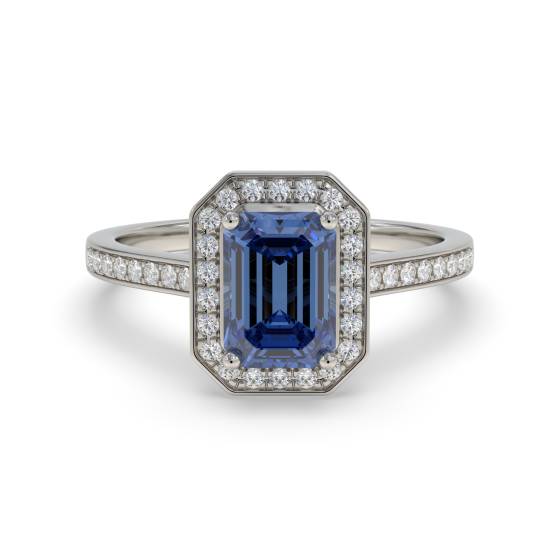 Smaragdblauer Saphir- und Diamant-Halo-Ring