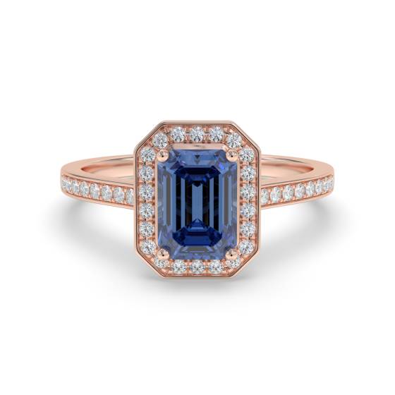 Smaragdblauer Saphir- und Diamant-Halo-Ring