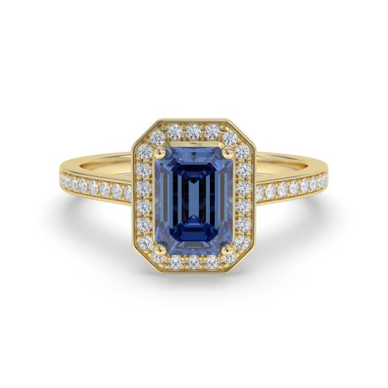 Smaragdblauer Saphir- und Diamant-Halo-Ring