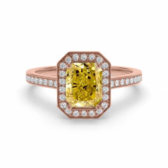 Ring mit gelbem, strahlendem Diamant-Halo und Schulterpartie