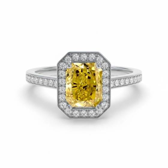 Ring mit gelbem, strahlendem Diamant-Halo und Schulterpartie