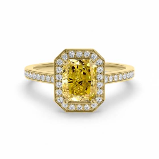 Ring mit gelbem, strahlendem Diamant-Halo und Schulterpartie
