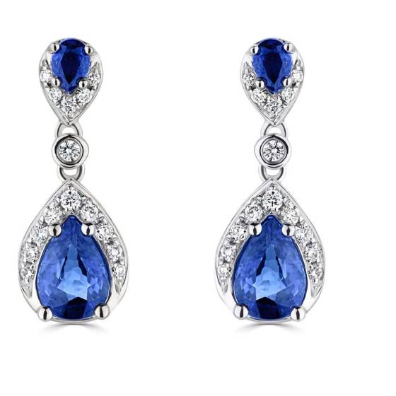 Tropfenförmige Ohrringe mit 1,35 ct Diamant und blauem Saphir