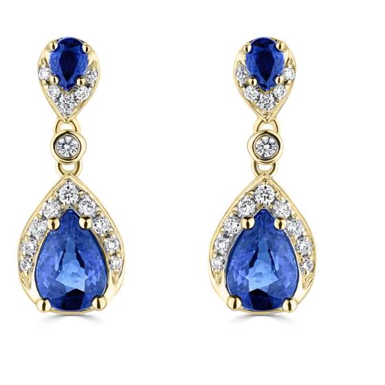 Tropfenförmige Ohrringe mit 1,35 ct Diamant und blauem Saphir