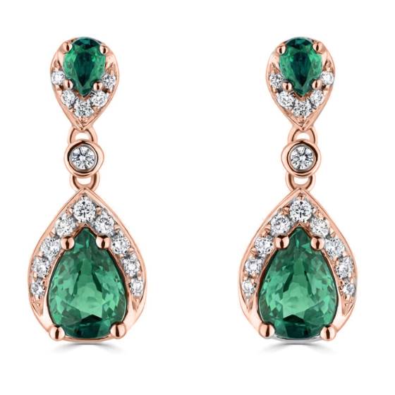 Tropfenförmige Ohrringe mit Diamanten und Smaragden (1,10 ct).