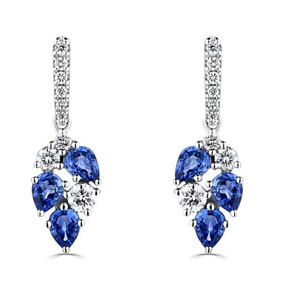 Tropfenförmige Ohrringe mit 160 Karat Diamanten und blauen Saphiren