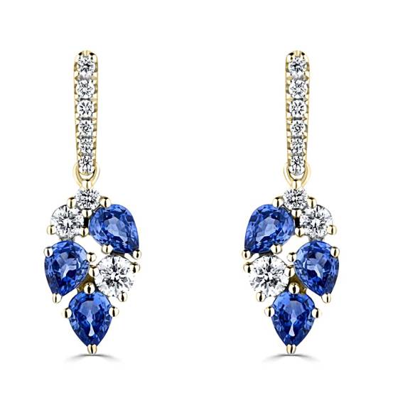 Tropfenförmige Ohrringe mit 160 Karat Diamanten und blauen Saphiren