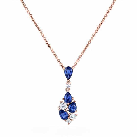 Birnenförmige Halskette mit 110 Karat Diamanten und blauen Saphiren.