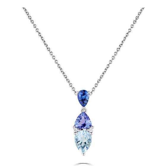 Birnenförmige Halskette mit 2,30 ct blauem Saphir, Tansanit und Aquamarin in verschiedenen Blautönen