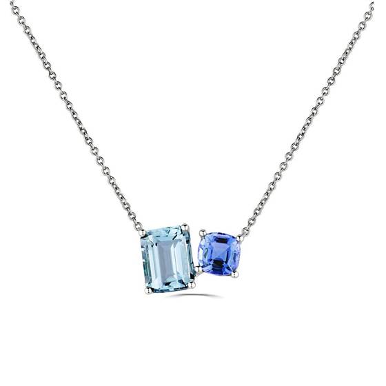 Halskette mit 3,05 ct Smaragd, kissenförmigem Aquamarin und Tansanit