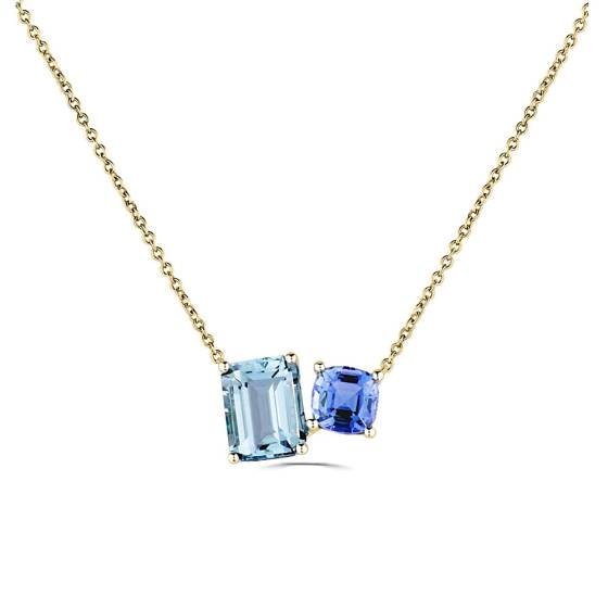 Halskette mit 3,05 ct Smaragd, kissenförmigem Aquamarin und Tansanit
