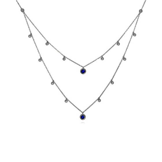Mehrreihige Halskette mit 0,60 ct blauem Saphir und Diamanten in Zargenfassung