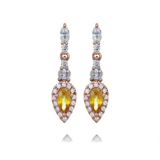 Tropfenförmige Ohrringe mit gelbem Saphir und Diamanten (0,45 ct).