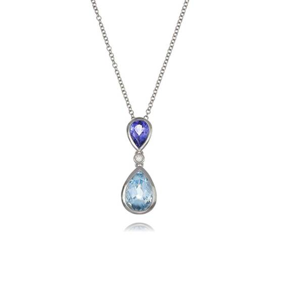 Anhänger und Kette in Tropfenform aus Tansanit und Aquamarin (0,05 ct).
