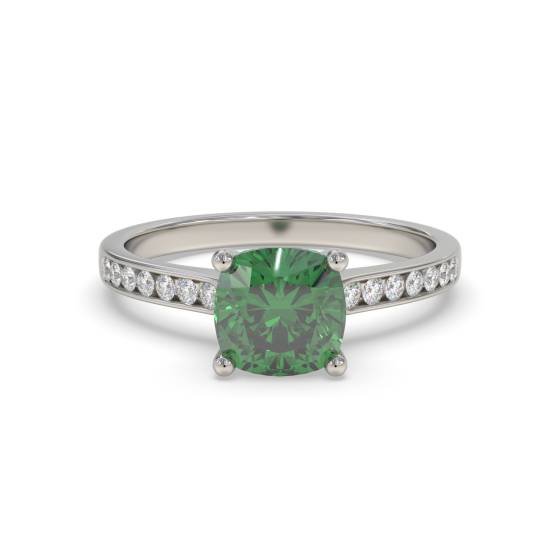 Ausgefallener smaragdgrüner Ring mit kissenförmigem Diamanten an den Schultern