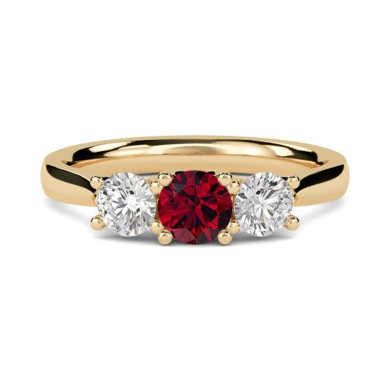 Trilogie-Ring aus drei Rubinen und runden Diamanten