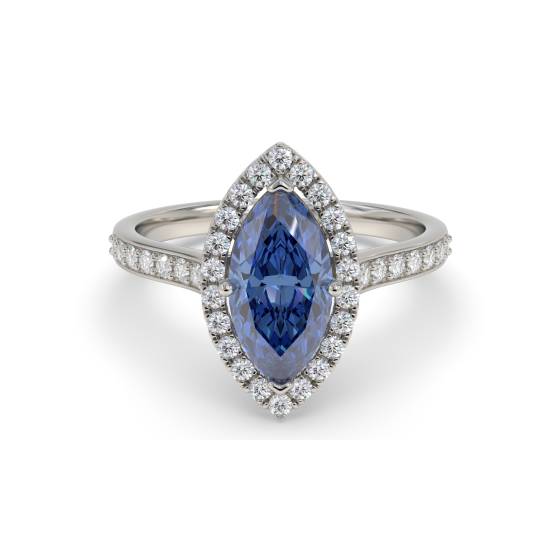 Ring mit blauem Saphir im Marquise-Schliff und Diamanten im Halo-Design