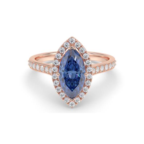 Ring mit blauem Saphir im Marquise-Schliff und Diamanten im Halo-Design