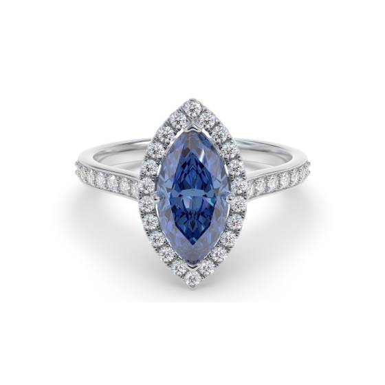 Ring mit blauem Saphir im Marquise-Schliff und Diamanten im Halo-Design