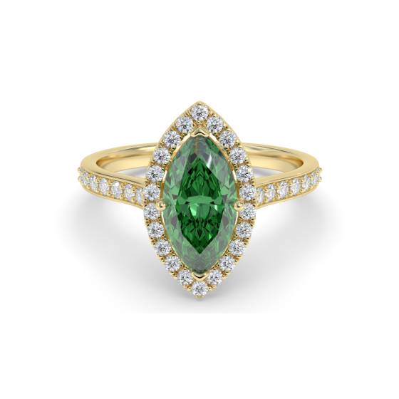 Ring mit grünem Smaragd-Diamanten im Marquise-Schliff und einzelner Halo-Schulterfassung
