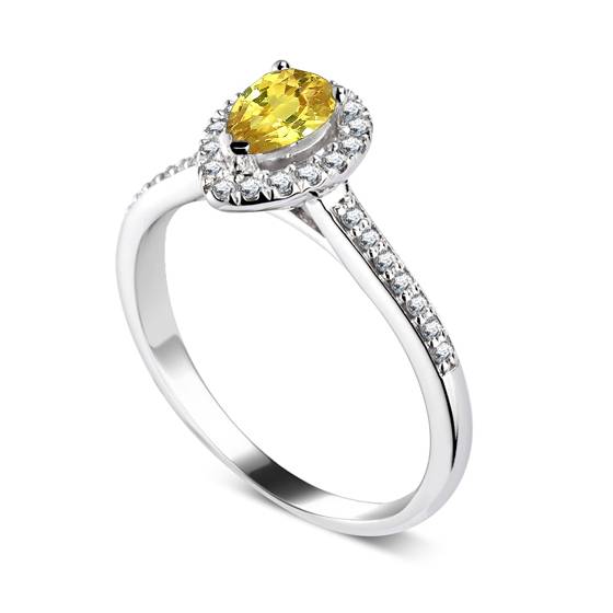 Ring mit gelbem Birnendiamanten und Halo-Schulterfassung