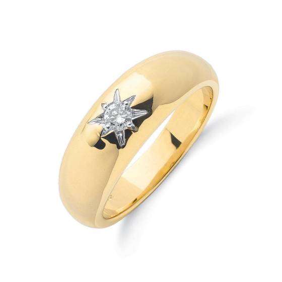 9-karätiger Gelbgoldring mit einem einzelnen Diamanten (0,15 ct).