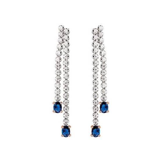Doppelreihige Ohrhänger mit 1,00 ct VS/F-G Diamant und blauem Saphir