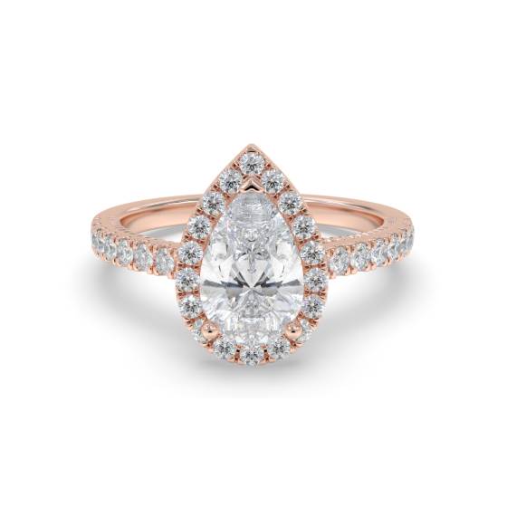 Ring mit 1,25 ct birnenförmigem Diamanten im Halo-Design, rundem Milgrain-Seitendetail und Schulterfassung