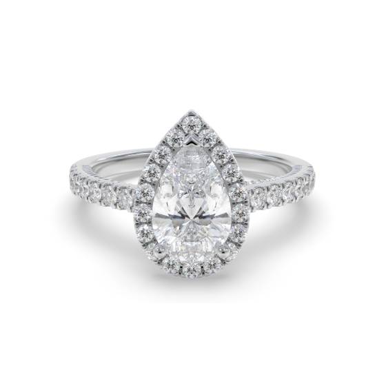 Ring mit 1,25 ct birnenförmigem Diamanten im Halo-Design, rundem Milgrain-Seitendetail und Schulterfassung