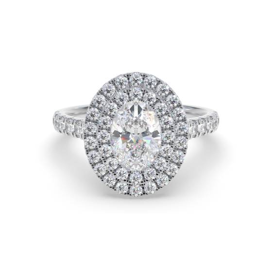 Ring mit ovalem Diamanten (1,50 ct), doppeltem Halo-Design, seitlichen Details und Schulterpartie