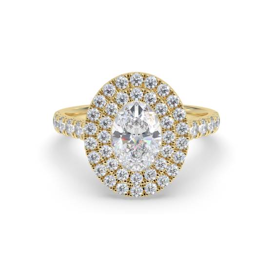 Ring mit ovalem Diamanten (1,50 ct), doppeltem Halo-Design, seitlichen Details und Schulterpartie