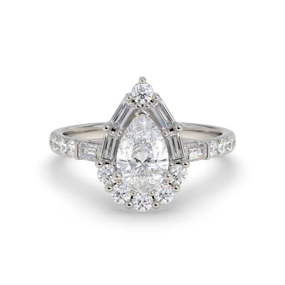 Ring mit 1,00 ct birnenförmigem Diamanten im Halo-Design, Baguette- und Rundschliff, Baguette-Seiten und runder Schulterfassung