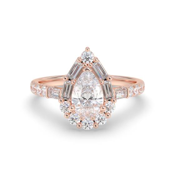 Ring mit 1,00 ct birnenförmigem Diamanten im Halo-Design, Baguette- und Rundschliff, Baguette-Seiten und runder Schulterfassung