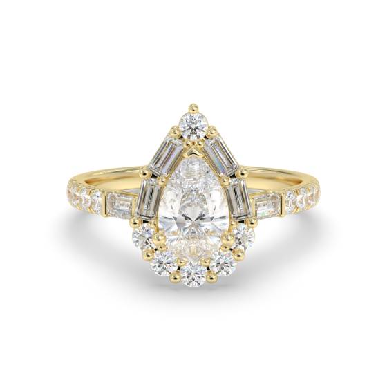 Ring mit 1,00 ct birnenförmigem Diamanten im Halo-Design, Baguette- und Rundschliff, Baguette-Seiten und runder Schulterfassung