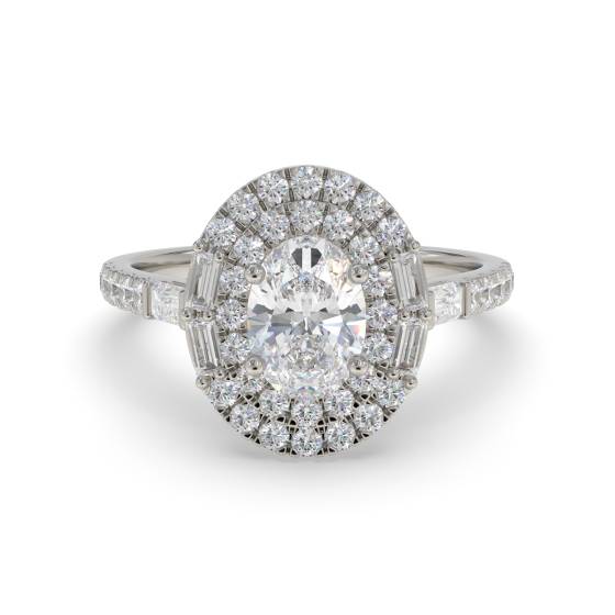 Ring mit ovalem Diamanten (1,00 ct), doppeltem Halo, rundem und Baguetteschliff an Seite und Schulter