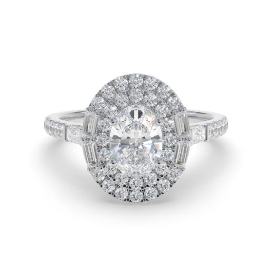 Ring mit ovalem Diamanten (1,00 ct), doppeltem Halo, rundem und Baguetteschliff an Seite und Schulter